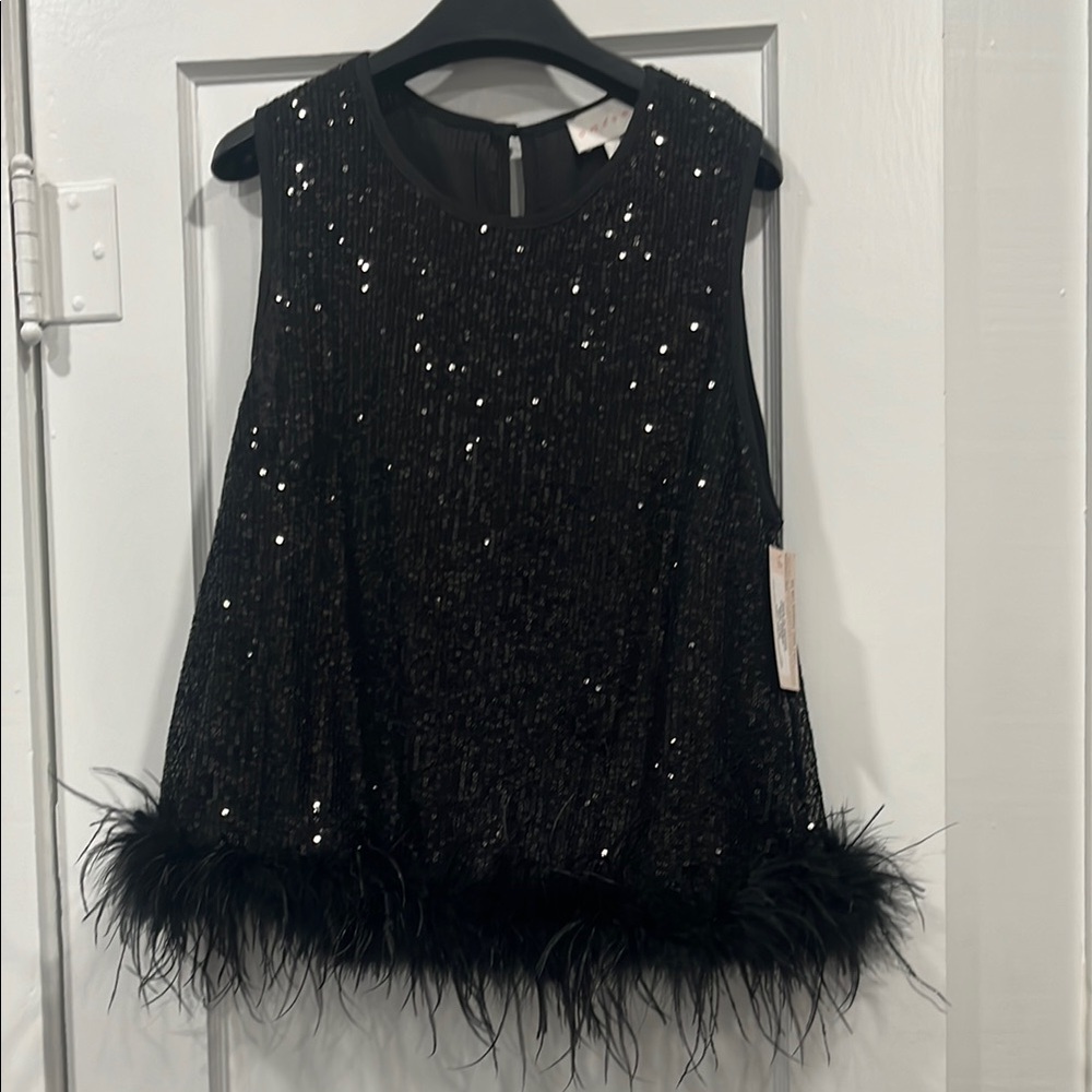 Elegant Black Sequin Top with Feather Accents